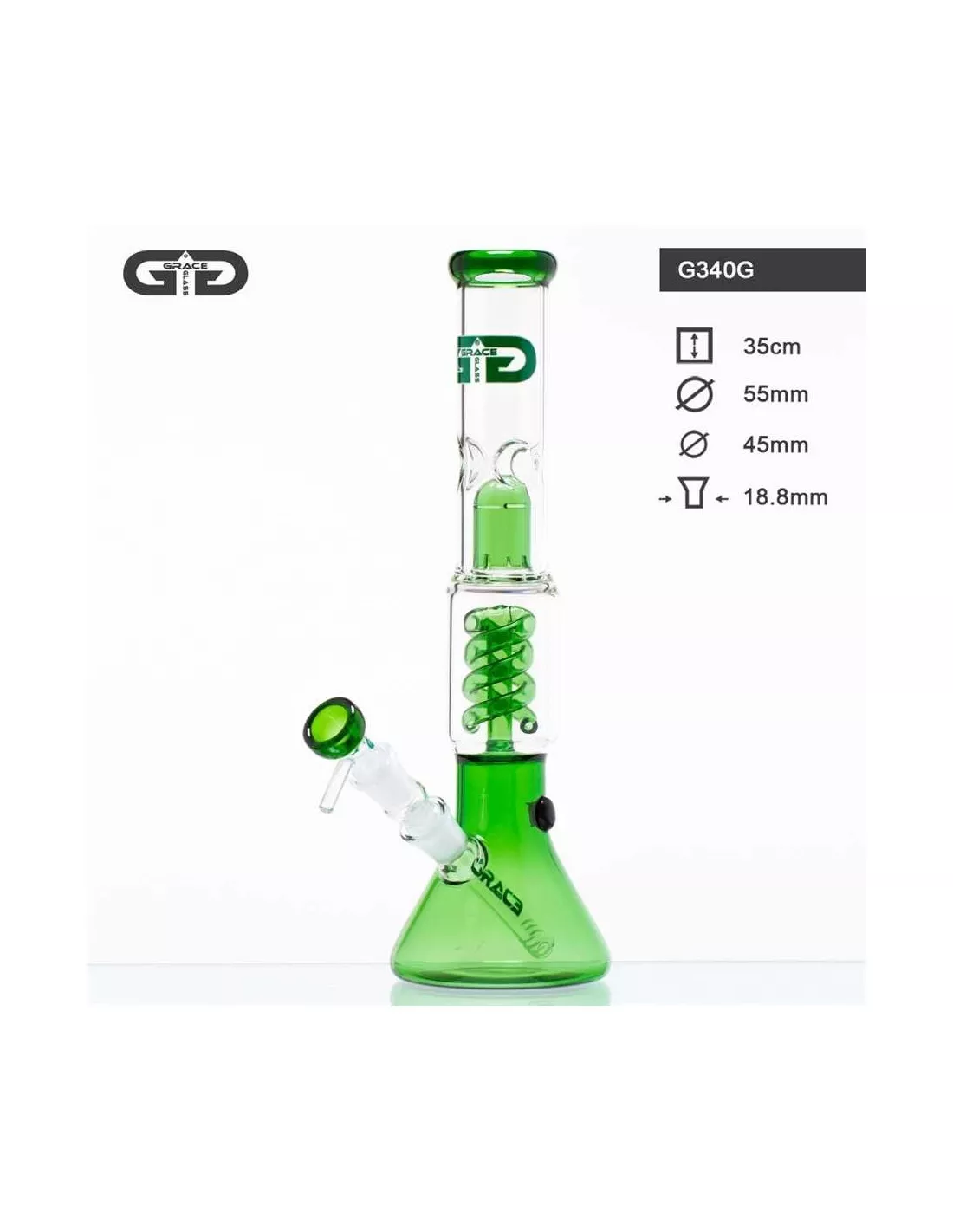 Bongo GG BEAKER BONG GREEN Grace Glass 35 cm 1 Zielone bongo Grace Glass GG BEAKER BONG G340G o wysokości 35 cm, wykonane z borokrzemowego szkła, z spiralnym dyfuzorem, logo Grace Glass, szlifem 18,8 mm i szeroką podstawą typu beaker.