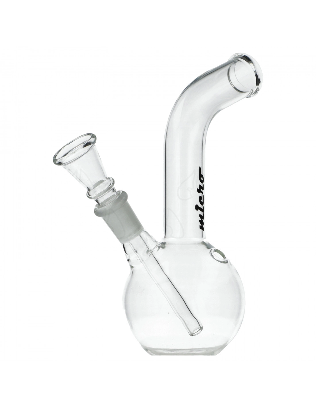 Micro bongo Bouncer – 18 cm, szkło, szlif 14.5 mm, Turbo 1 Szklane bongo Micro Bouncer o wysokości 18 cm, klasyczna konstrukcja z wyciąganym cybuchem, dziurką Turbo, szerokim wygiętym ustnikiem i czarnym logo Micro.