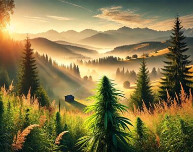 Naturalny krajobraz outdoor z roślinami konopi, symbolizujący uprawę marihuany na zewnątrz w różnych fazach wzrostu, pod jasnym niebem.