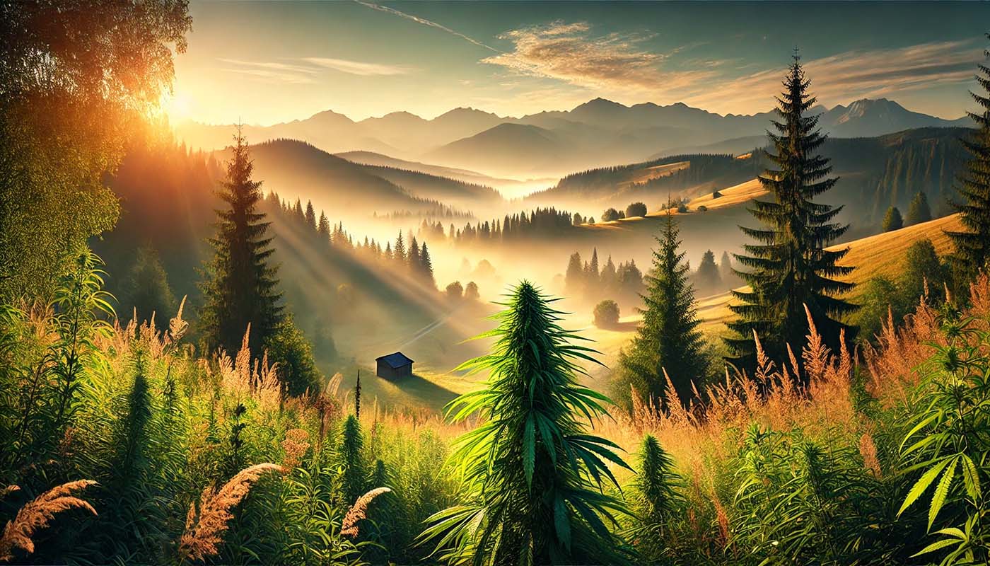 Naturalny krajobraz outdoor z roślinami konopi, symbolizujący uprawę marihuany na zewnątrz w różnych fazach wzrostu, pod jasnym niebem.