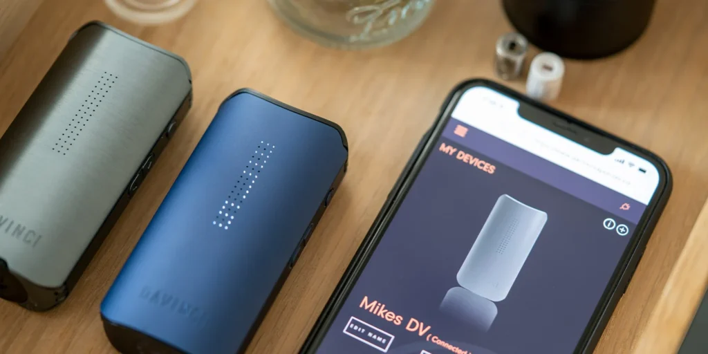 DaVinci IQ3 – Waporyzator z systemem chłodzenia Cool Core™, 0.7g 3 Waporyzatory DaVinci IQ3 w kolorze grafitowym i niebieskim obok smartfona z aplikacją mobilną do sterowania urządzeniem – widok z góry na drewnianym blacie