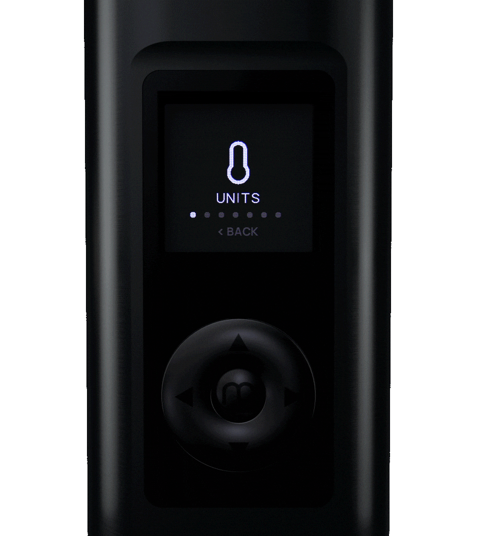 Solo 3 V2.0 – Przenośny waporyzator Arizer z trybem On-Demand 4 Zbliżenie na ekran waporyzatora Arizer Solo 3 V2.0 z wyświetlonym symbolem temperatury i menu wyboru jednostek, czarna obudowa i przyciski sterujące
