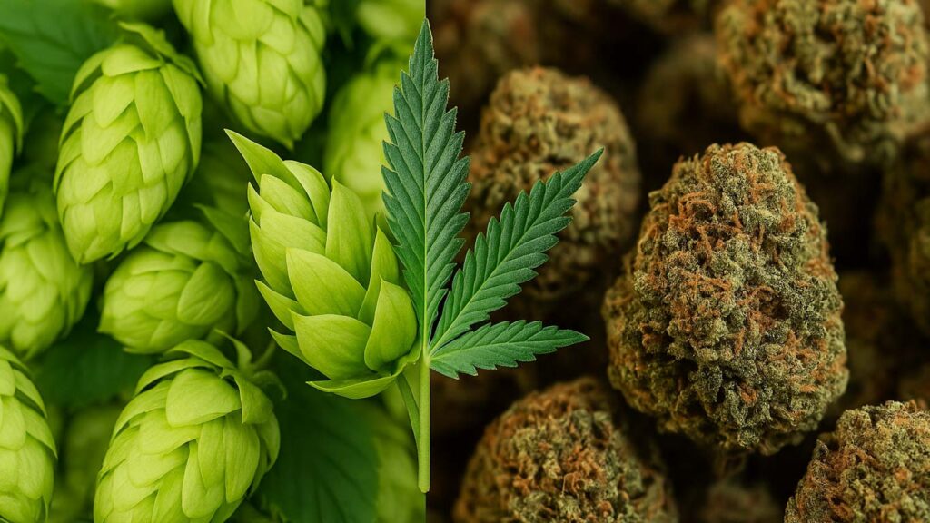 Waporyzacja chmielu – jak działa, jak przygotować i co daje? 2 Szyszki chmielu po lewej i kwiaty konopi po prawej stronie – porównanie dwóch roślin o działaniu relaksującym i zastosowaniu w waporyzacji.