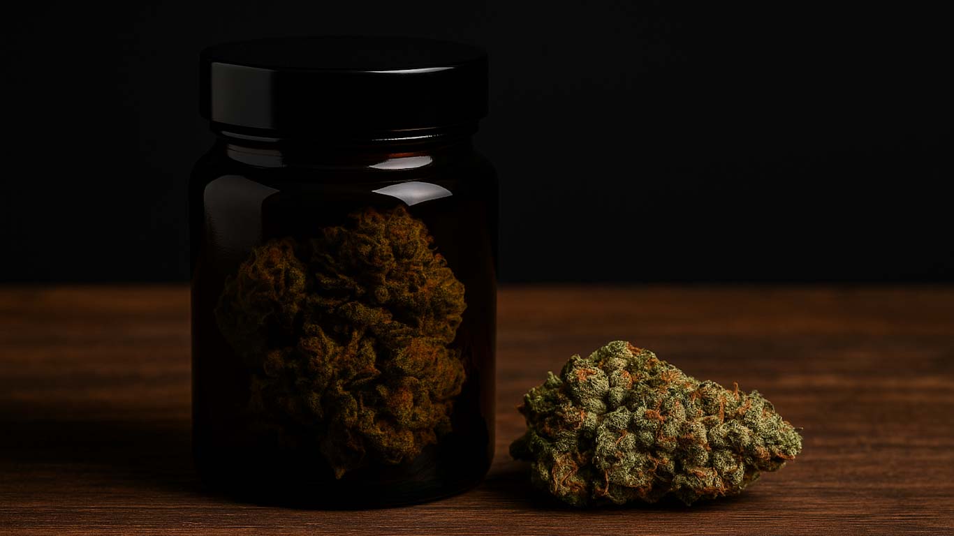 Ciemny szklany słoik z suszem marihuany na drewnianym stole, na tle czarnej ściany