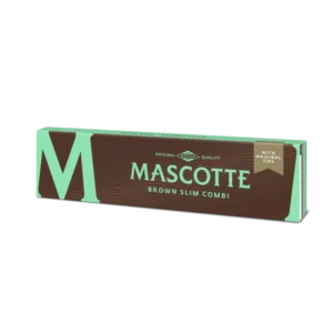 Promocje 420 105 Opakowanie bibułek i ustników papierowych Mascotte Brown King Size Slim, z brązowym papierem i wyraźnym napisem "Mascotte Brown", podkreślające naturalny i niewybielany charakter produktu.