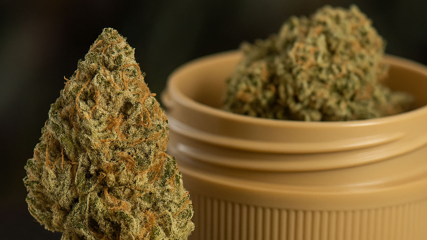 Zbliżenie suszu medycznej marihuany Deep Breath o intensywnie zielonym kolorze i pomarańczowych słupkach, obok plastikowego pojemnika z suszem konopnym.