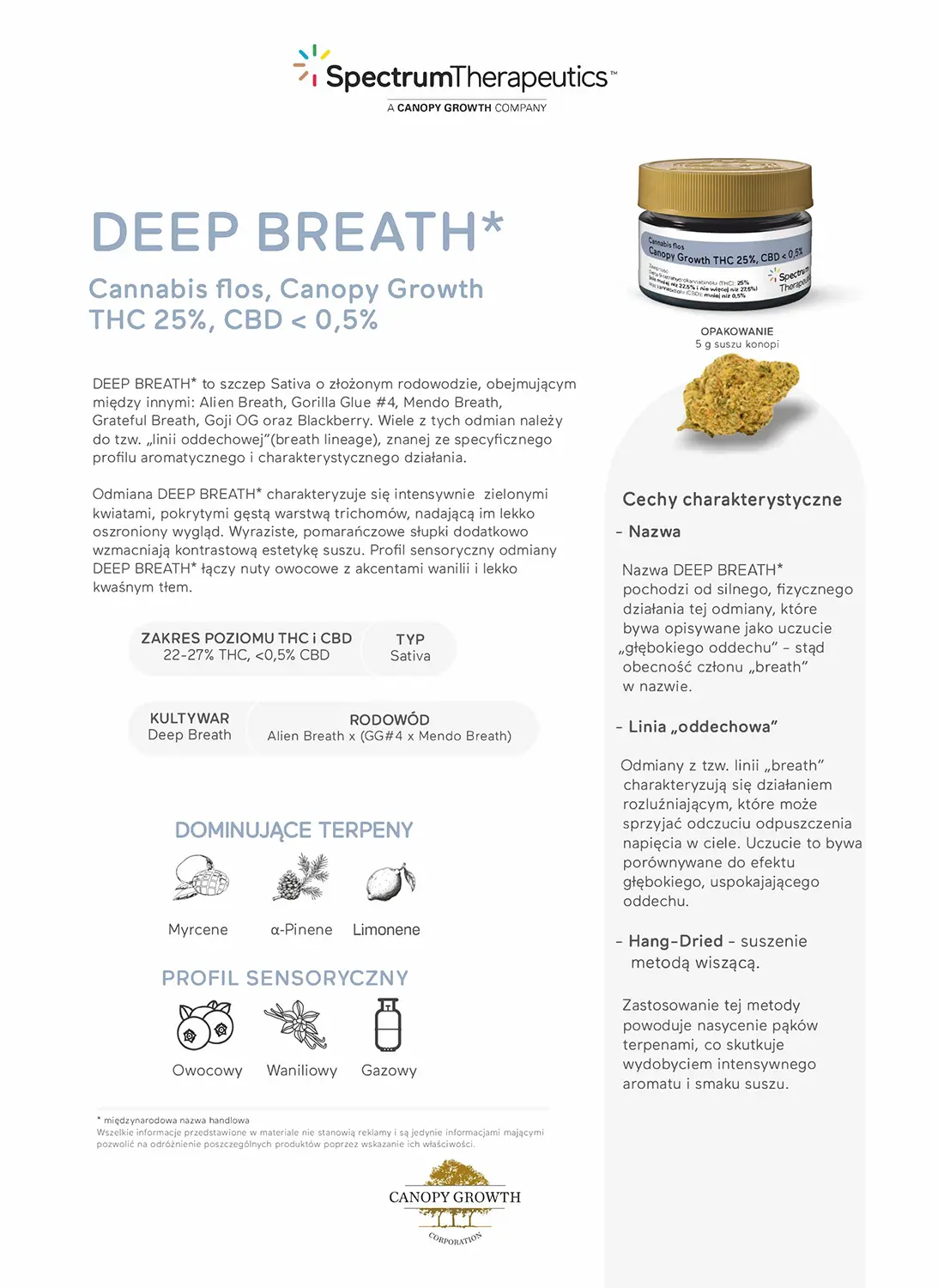 Deep Breath 25% THC - Sativa od Canopy Growth 1 Opakowanie medycznej marihuany Deep Breath od Canopy Growth wraz z suszem konopnym na tle ulotki informacyjnej, przedstawiającej dane o zawartości THC, CBD i dominujących terpenach.