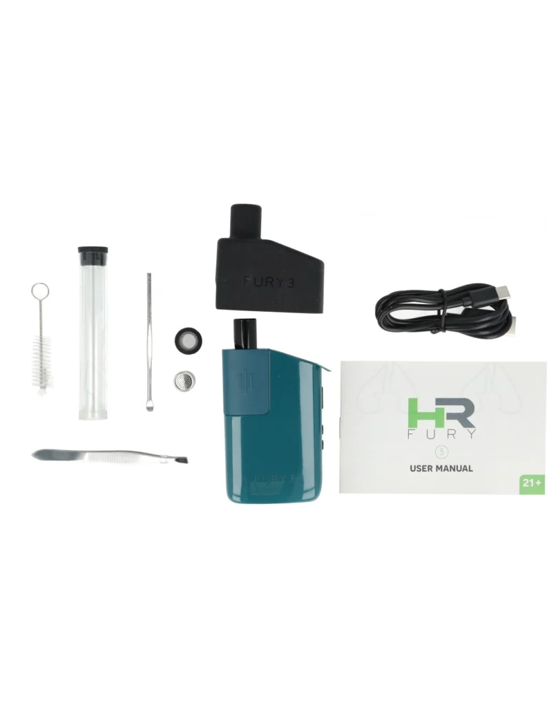 Healthy Rips FURY 3 - Waporyzator Przenośny do Suszu 3 Cały zestaw Healthy Rips FURY 3 - waporyzator, instrukcja, kabel USB-C i akcesoria do czyszczenia.