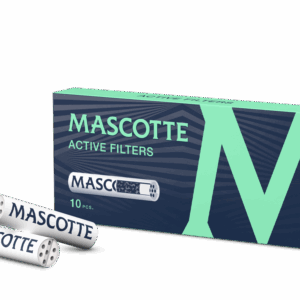 Promocje 420 204 Opakowanie filtrów z węglem aktywnym Mascotte Active Slim 6 mm, z widocznymi, małymi cylindrycznymi filtrami wewnątrz opakowania, podkreślające system filtracji.