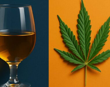 Kieliszek z alkoholem i liść marihuany na podzielonym tle – niebieskim i pomarańczowym – symbolizującym mieszanie alkoholu z marihuaną (crossfading).