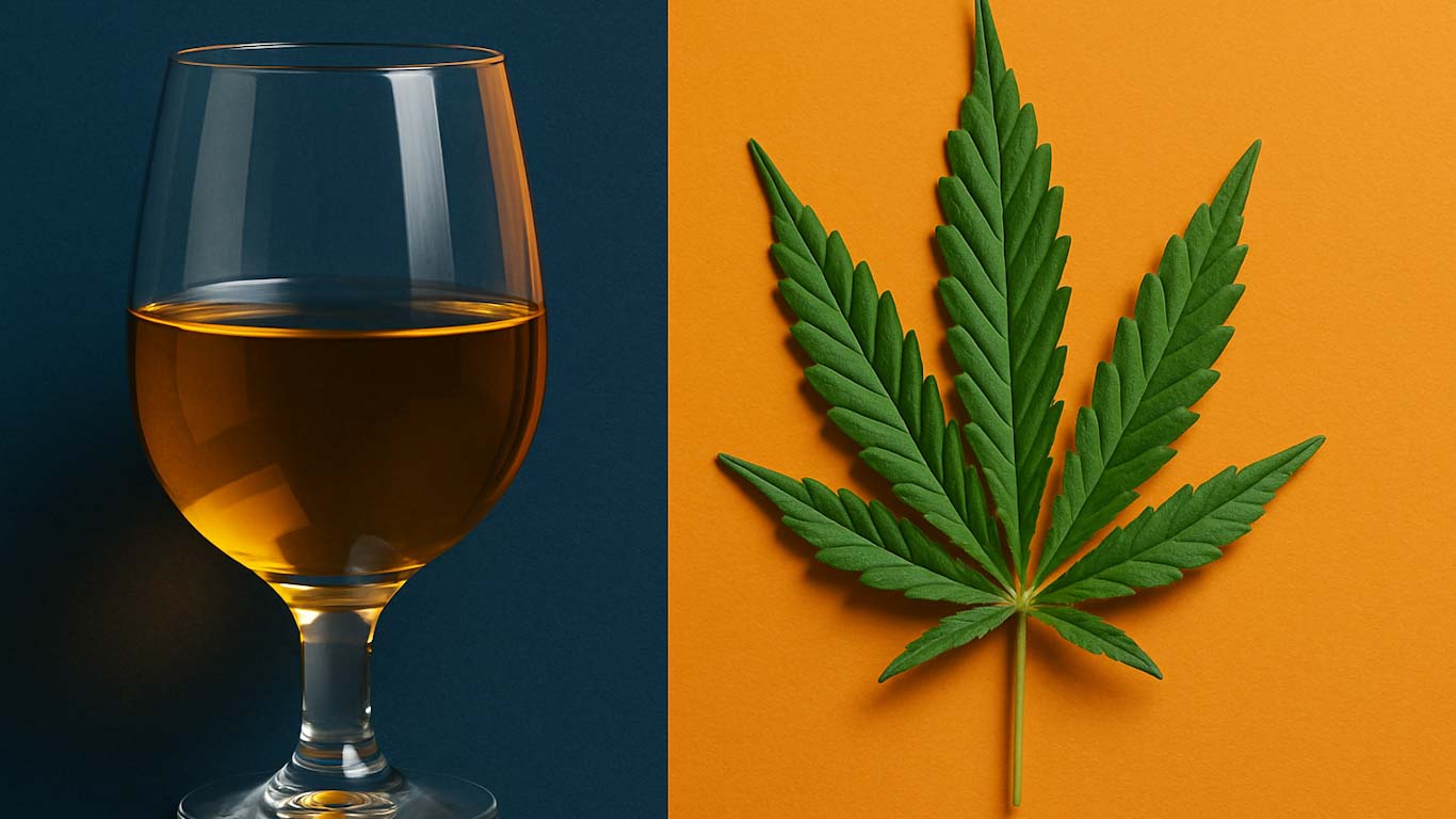 Kieliszek z alkoholem i liść marihuany na podzielonym tle – niebieskim i pomarańczowym – symbolizującym mieszanie alkoholu z marihuaną (crossfading).