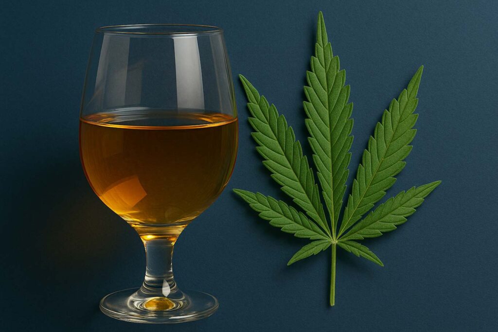 Mieszanie alkoholu i marihuany – kompletny przewodnik po ryzyku, skutkach i zasadach bezpieczeństwa 1 kieliszek piwa i liść marihuany symbolizujące mieszanie alkoholu i konopi