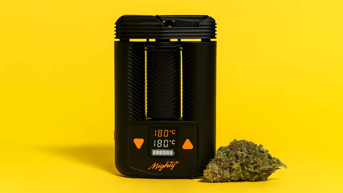 Waporyzator Mighty+ obok suszu medycznej marihuany, nowoczesne urządzenie do waporyzacji