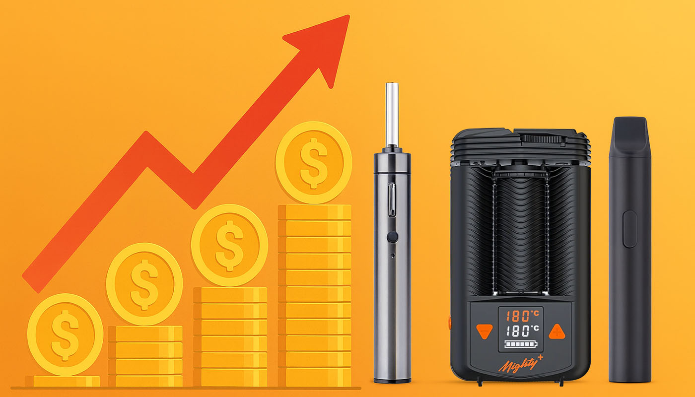 Ilustracja przedstawiająca wzrost cen waporyzatorów w Polsce w 2025 roku w związku z nową akcyzą, z miejscem na dodanie zdjęć popularnych modeli urządzeń.
