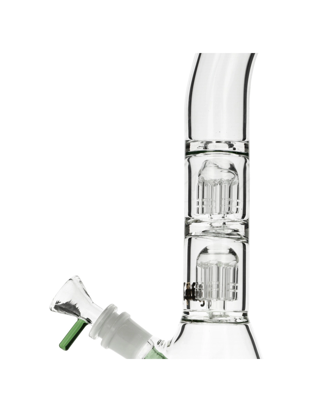 bongo-black-leaf-z-podwojnym-perkolatorem-szlif-188145-mm (2) Zbliżenie na podwójny perkolator typu drzewko w szklanym bongu Black Leaf, zapewniający zaawansowaną filtrację dymu.