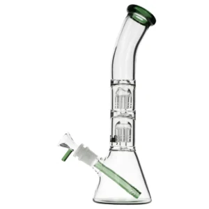 Promocje 420 107 Szklane bongo Black Leaf z podwójnym perkolatorem i zielonym ustnikiem, widok z boku na całą fajkę wodną.