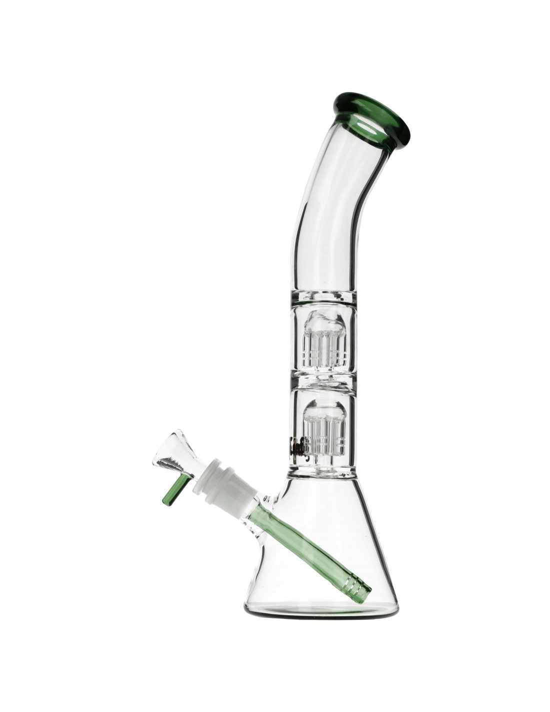 Bongo Black Leaf z Podwójnym Perkolatorem 31cm - szlif 18.8/14.5 mm 1 Szklane bongo Black Leaf z podwójnym perkolatorem i zielonym ustnikiem, widok z boku na całą fajkę wodną.