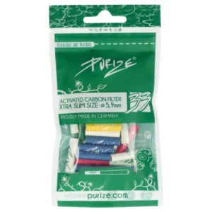 Promocje 420 206 Filtry węglowe Purize XTRA Slim w opakowaniu 33 sztuki. Widoczny miks kolorowych filterków do jointów.