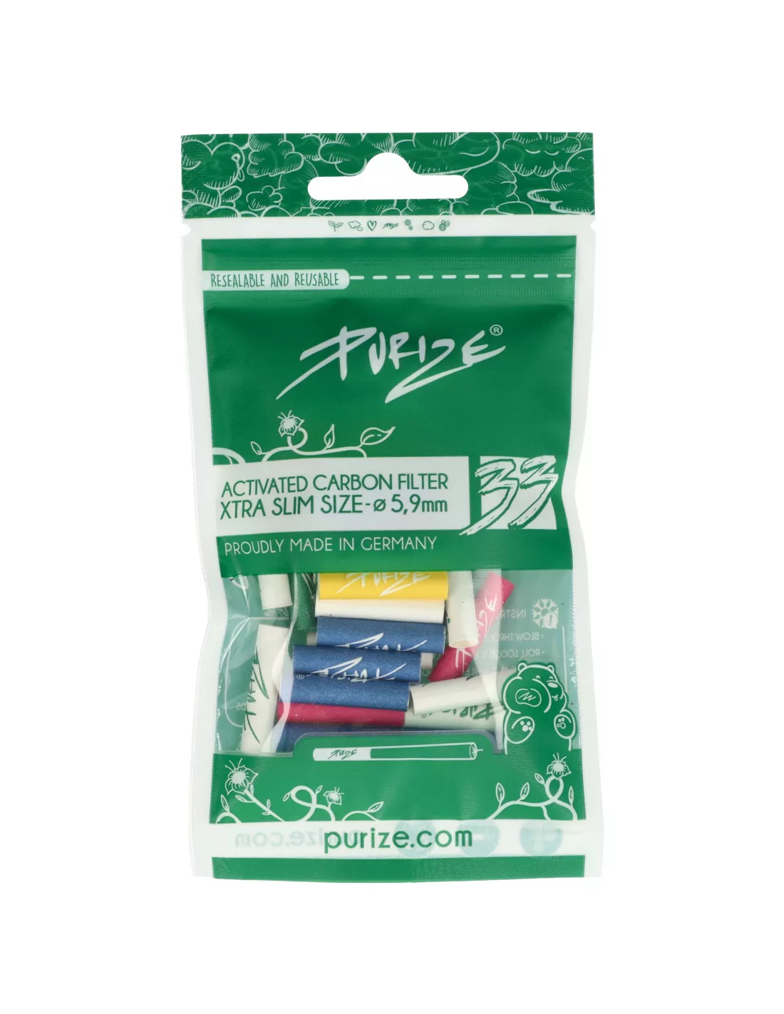Filtry węglowe Purize XTRA Slim 33 szt. miks kolorów 1 Filtry węglowe Purize XTRA Slim w opakowaniu 33 sztuki. Widoczny miks kolorowych filterków do jointów.