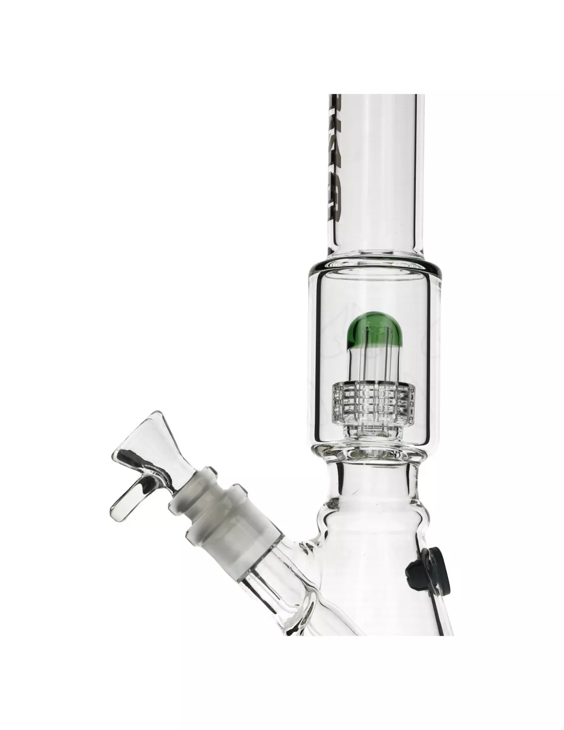 bongo-lodowe-blaze-z-dyfuzorem-wys-35-cm-szlif-188145-mm (1) Zbliżenie na system podwójnej filtracji w bongu Blaze: widoczny perkolator bębnowy oraz cybuch z dyfuzorem szczelinowym.