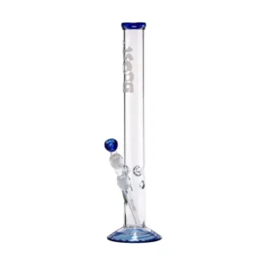 Promocje 420 216 Wysokie, proste bongo lodowe Boost z widocznym uchwytem na lód, szklanym cybuchem i niebieskimi akcentami na ustniku oraz podstawie.