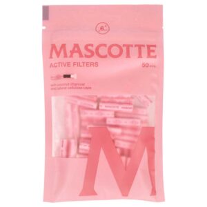 Przód różowego woreczka filtry węglowe Mascotte Active PINK 6 mm, 50 szt. Widoczne różowe filterki z węglem kokosowym (coconut charcoal).
