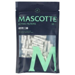 Przód opakowania filtry aktywne Mascotte 6 mm, 50 szt. Woreczek z przezroczystym oknem ukazującym filterki z coconut charcoal.