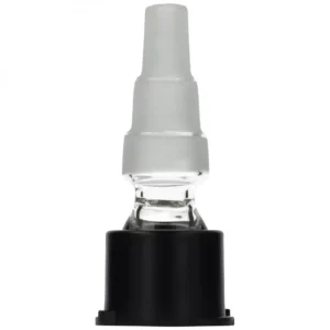 420Market.pl - Najlepsze waporyzatory i akcesoria dla palaczy 21 Szklany adapter do bonga 3w1 420VAPE do waporyzatora Venty z czarną podstawą i potrójnym szlifem 10, 14.5 oraz 18.8 mm na białym tle.