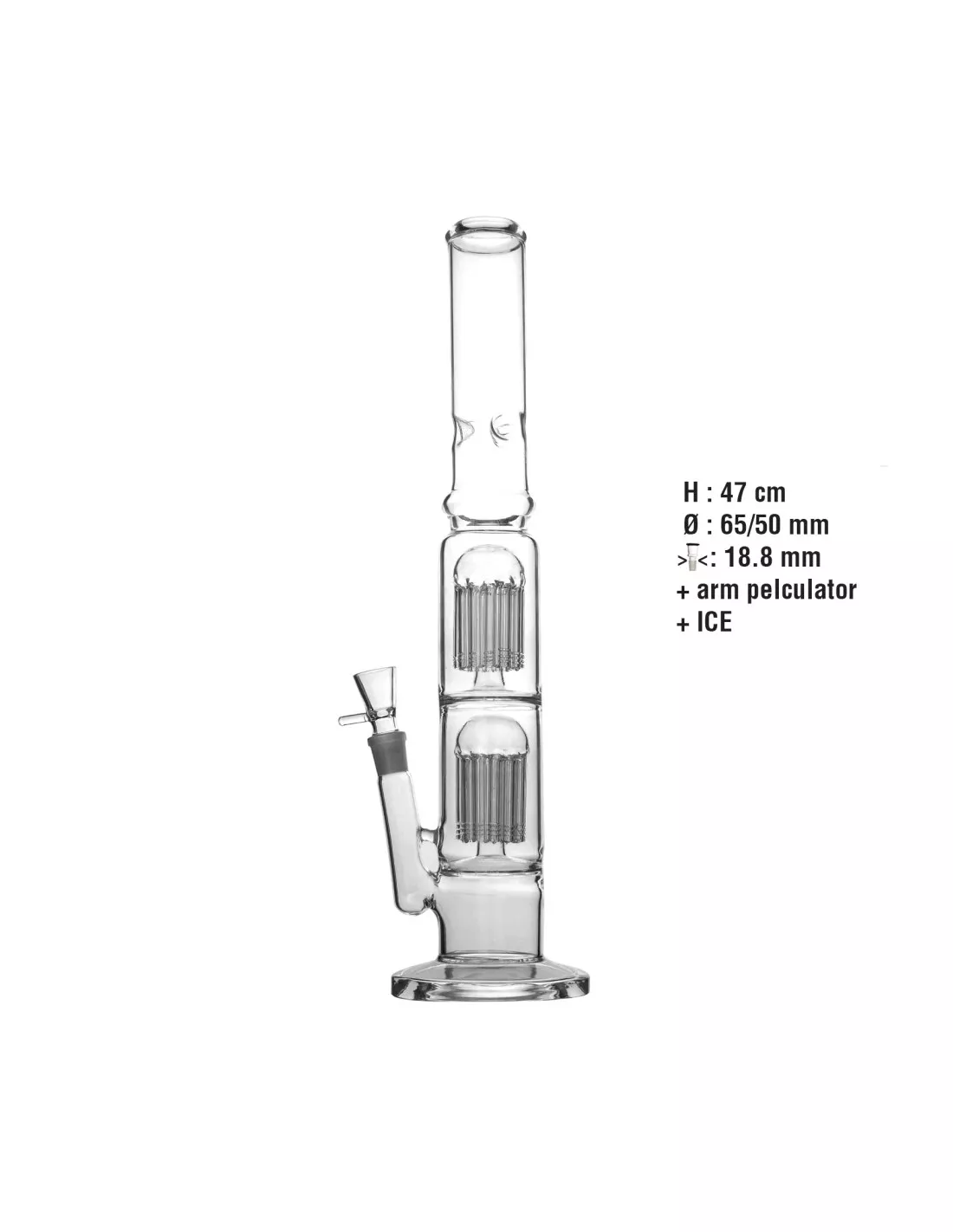 Bongo lodowe ICE TUBE – Podwójny perkolator ramienny, Wys. 47 cm, Szlif 18.8 mm 1 Wysokie bongo lodowe ICE TUBE 47 cm z podwójnym perkolatorem ramiennym, stoperami na lód i szlifem 18.8 mm na stabilnej podstawie.
