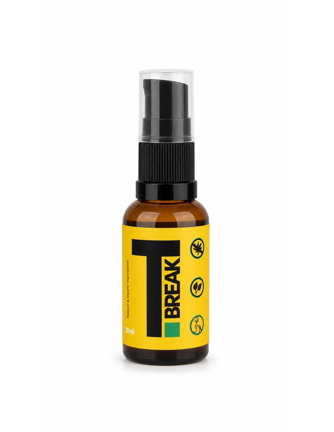 420free-t-break-suplement-diety-wspierajacy-przerwe-tolerancyjna (1) Olejek podjęzykowy 420FREE T-Break 30 ml w brązowej szklanej butelce z czarnym dozownikiem i przezroczystą zatyczką na białym tle.