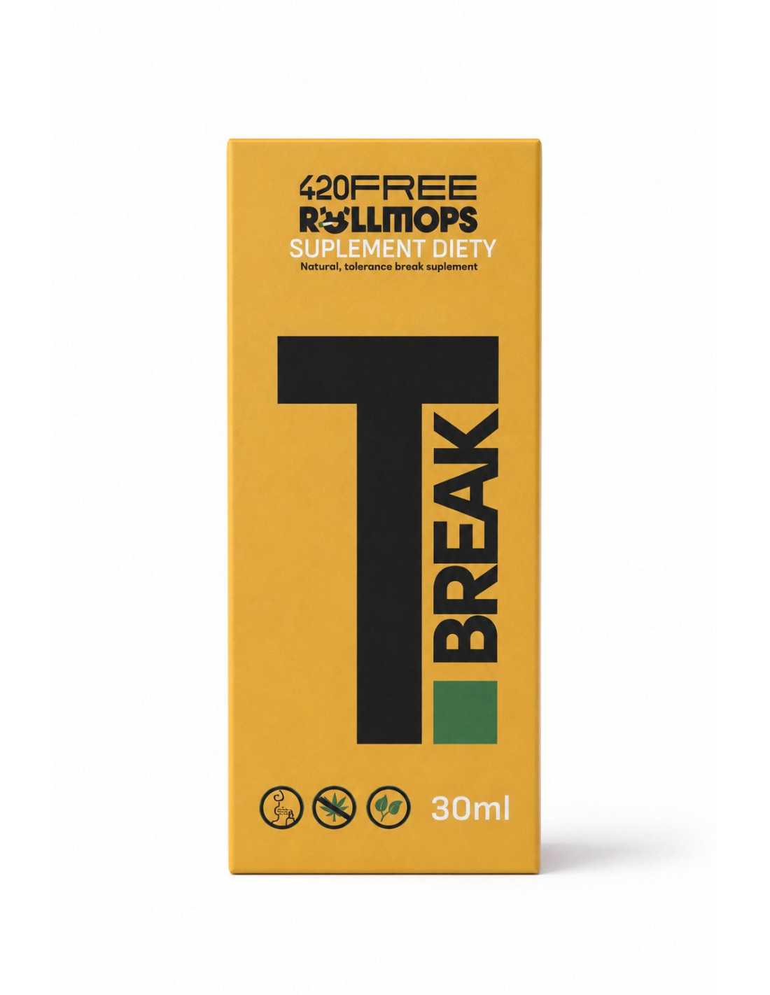420free-t-break-suplement-diety-wspierajacy-przerwe-tolerancyjna (2) Żółte pionowe opakowanie kartonowe suplementu diety 420FREE x ROLLMOPS T-Break o pojemności 30 ml z widocznym czarnym logotypem i ikonami informacyjnymi.