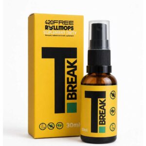 420Market.pl - Najlepsze waporyzatory i akcesoria dla palaczy 21 Suplement diety 420FREE x ROLLMOPS T-Break 30 ml w ciemnej szklanej butelce z pompką stojący obok żółtego kartonowego opakowania z czarnym logo T-Break.