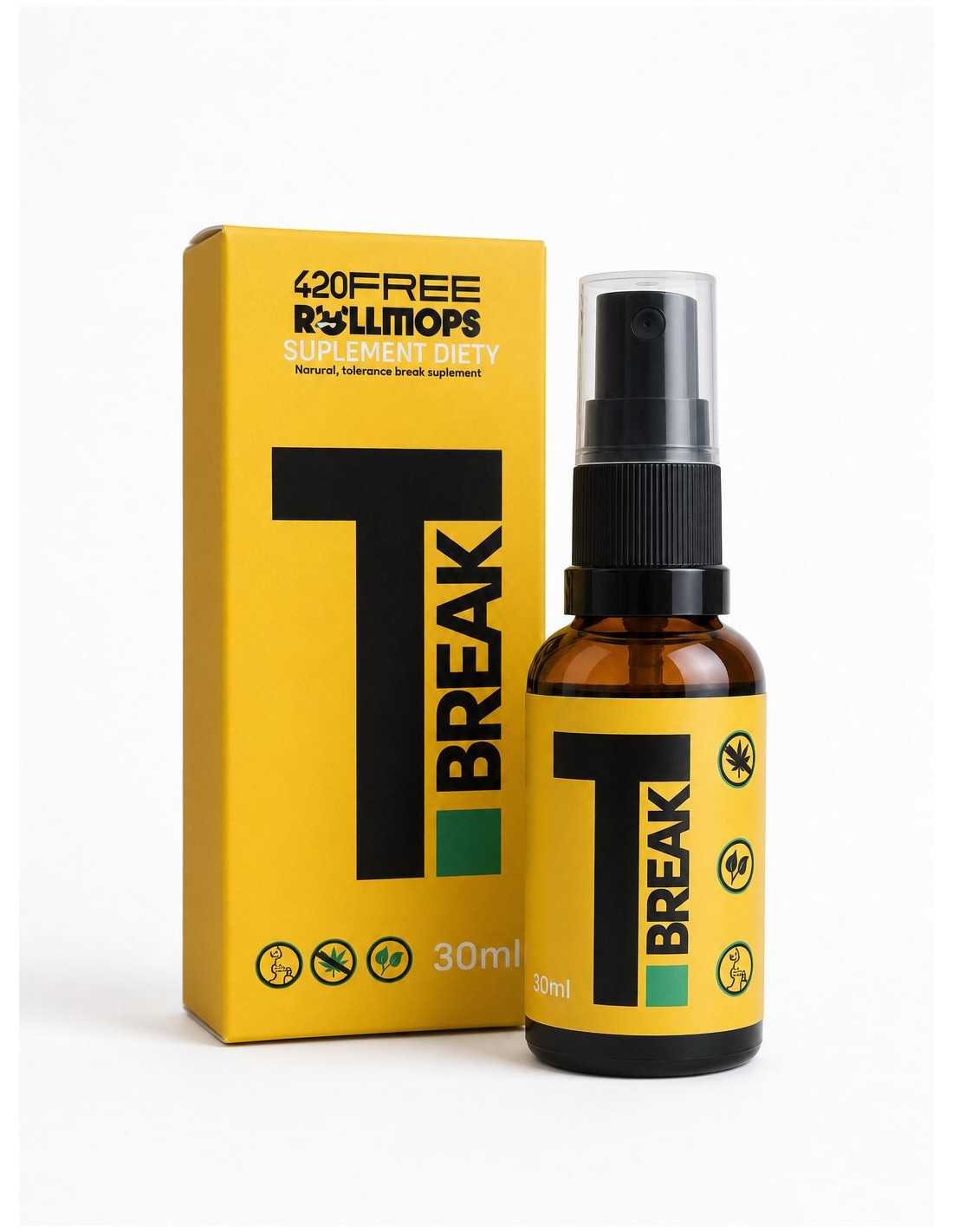 T-Break 420FREE - Olejek wspierający przerwę tolerancyjną 30ml 1 Suplement diety 420FREE x ROLLMOPS T-Break 30 ml w ciemnej szklanej butelce z pompką stojący obok żółtego kartonowego opakowania z czarnym logo T-Break.