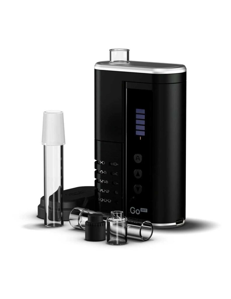 Arizer Go SRT – Waporyzator przenośny do suszu 2 Waporyzator Arizer Go SRT w zestawie ze szklanymi akcesoriami, rurkami aromatycznymi i adapterem do bonga 14.5 mm