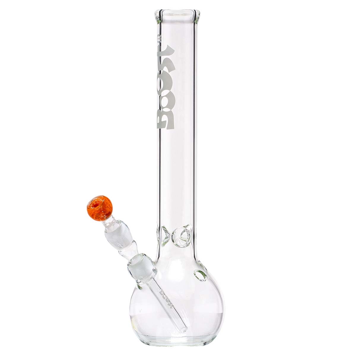 Bongo Boost Bouncer 41 cm – kulista podstawa, uchwyt na lód 1 Bongo Boost Bouncer 41 cm z kulistą podstawą — szklana bańka u dołu, prosta rura i pomarańczowa miseczka