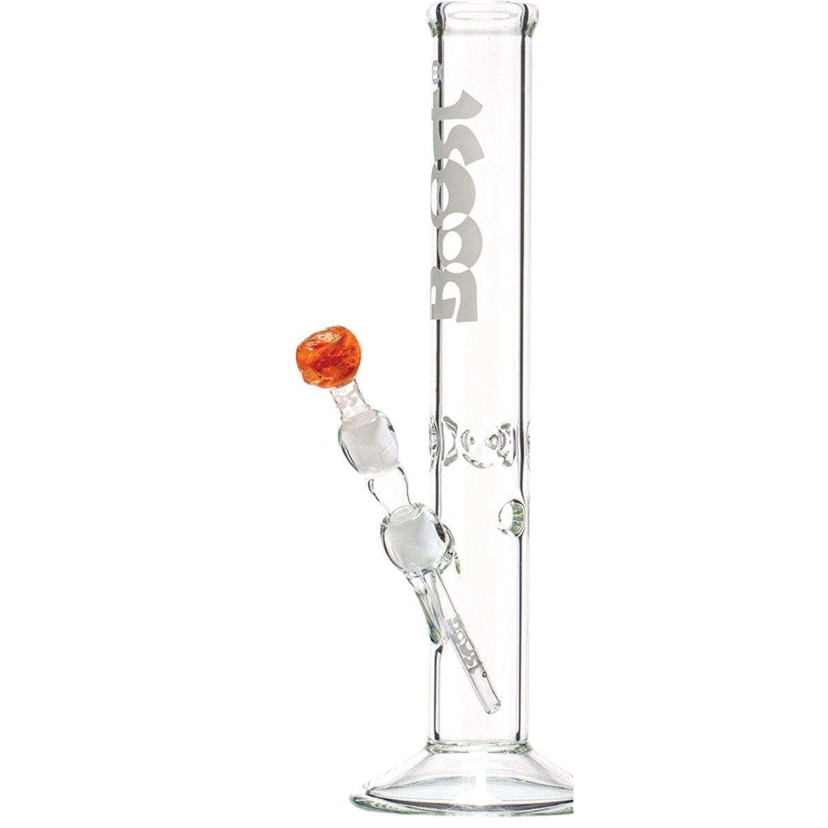 Bongo Boost Cane 36 cm – uchwyt na lód, szlif 14.5 mm 1 Bongo Boost Cane 36 cm — prosta szklana rura na płaskiej stopie z pomarańczową miseczką i wypustkami uchwytu na lód