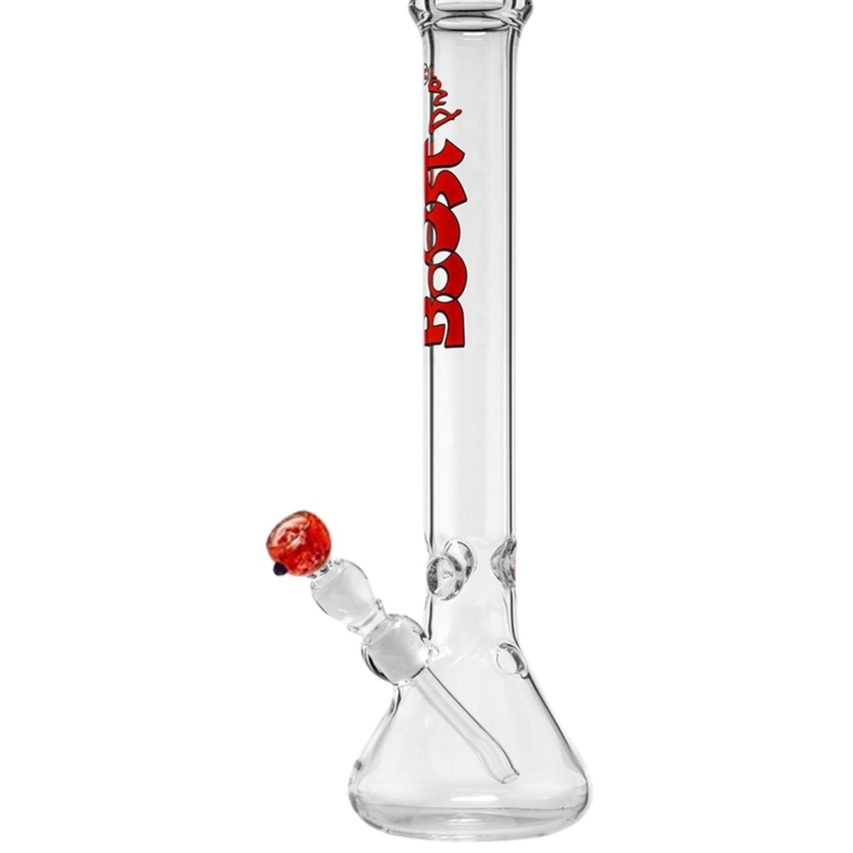 Bongo Boost Pro Beaker 44 cm – ściana 5 mm, czerwone akcenty 1 Bongo Boost Pro Beaker 44 cm — beaker z czerwonym napisem Boost Pro na rurze i czerwoną miseczką w szlifie 18.8 mm