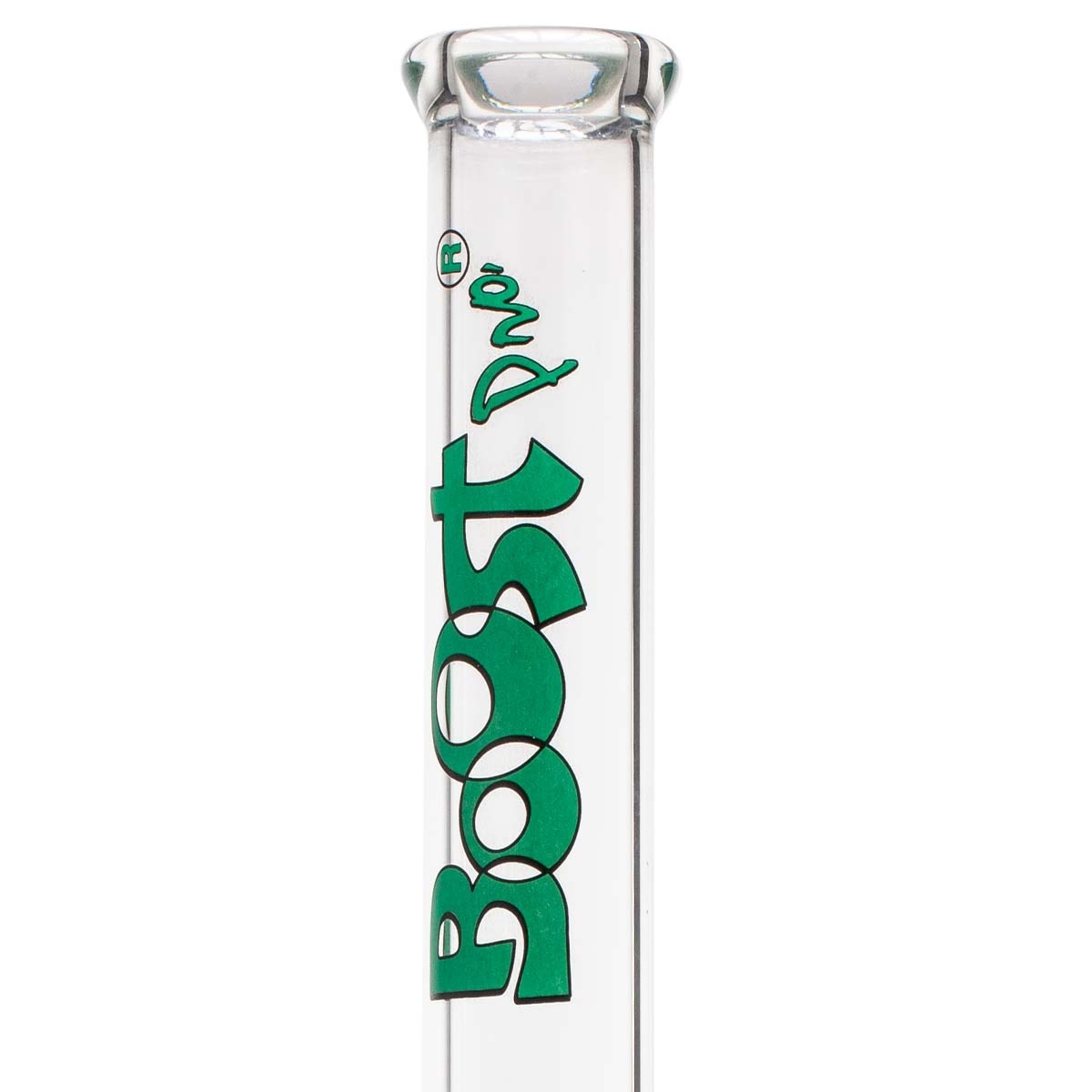 Bongo Boost Pro Beaker 55 cm – ściana 5 mm, szlif 18.8 mm Zbliżenie na ustnik i zielony nadruk Boost Pro na grubej ścianie rury bonga