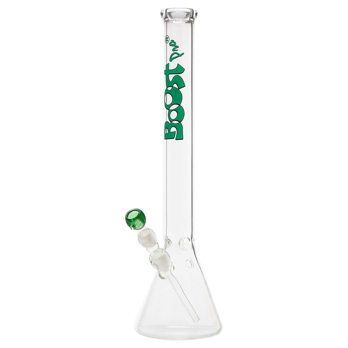 Bongo Boost Pro Beaker 55 cm – ściana 5 mm, szlif 18.8 mm 1 Bongo Boost Pro Beaker 55 cm — wysoki beaker z zielonym napisem Boost Pro na rurze i zieloną miseczką