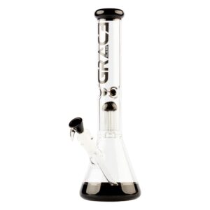 Bongo Grace Glass Black Beaker 37 cm — przezroczysty beaker z czarną podstawą, czarnym ustnikiem i czarnym perkolatorem ramiennym w rurze