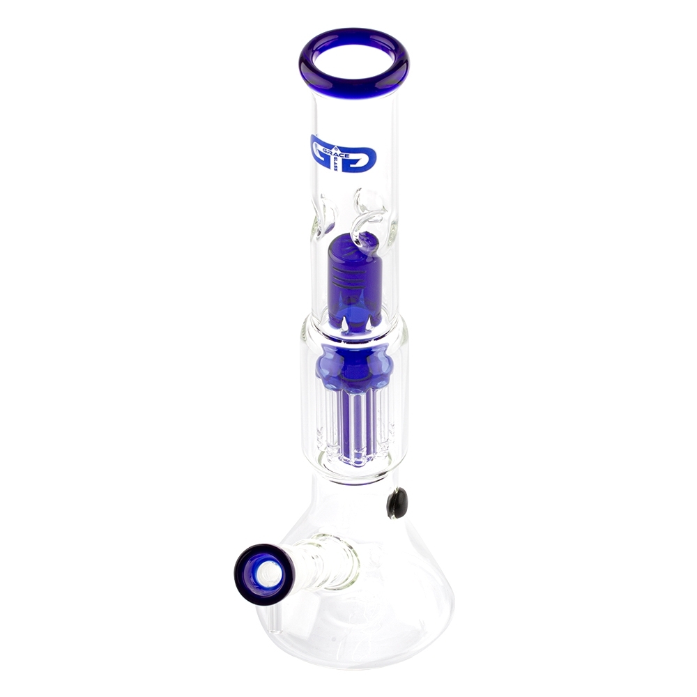 Bongo Grace Glass OG Blue Shotgun 37 cm – dwa perkolatory Bongo Grace Glass Blue Shotgun pod kątem, widoczna niebieska miseczka w szlifie 18.8 mm