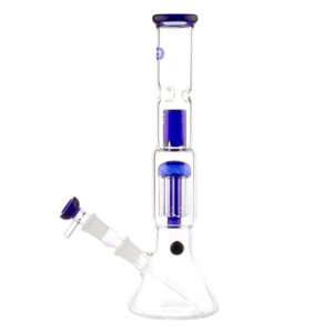 Bongo Grace Glass OG Blue Shotgun 37 cm — bezbarwny beaker z dwoma niebieskimi perkolatorami jeden nad drugim