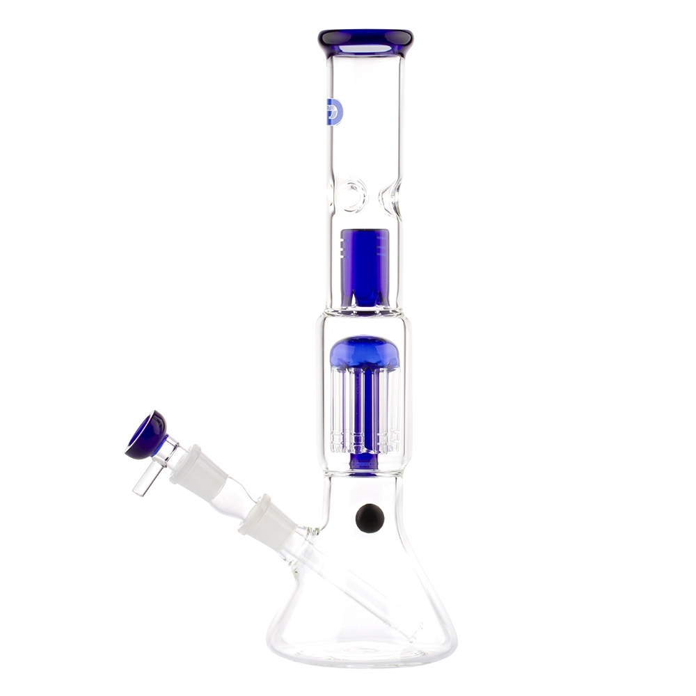 Bongo Grace Glass OG Blue Shotgun 37 cm – dwa perkolatory 1 Bongo Grace Glass OG Blue Shotgun 37 cm — bezbarwny beaker z dwoma niebieskimi perkolatorami jeden nad drugim