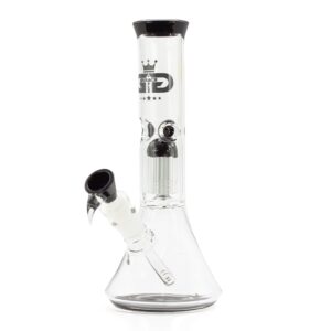 Małe bongo z perkolatorem Grace Glass 27,5 cm — bezbarwny beaker z czarnym perkolatorem ramiennym i czarną miseczką