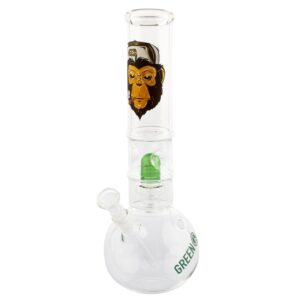 Bongo Greenline 32 cm — kulista podstawa z zielonym logo GREEN, zielony dyfuzor w przezroczystej komorze i nadruk małpy na rurze