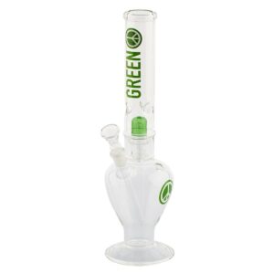 Bongo Greenline 35 cm — amforowa podstawa na stopie, zielony dyfuzor w przezroczystej komorze i zielone logo GREEN na rurze