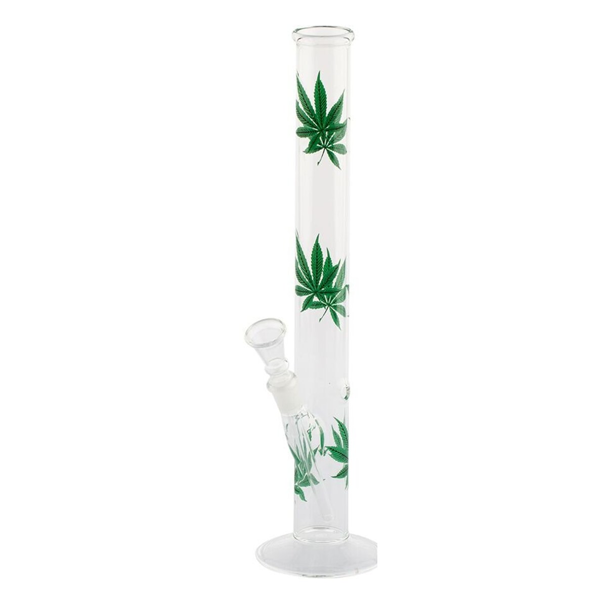 Bongo Greenline 35 cm – rura 35 mm, szlif 14.5 mm 1 Bongo Greenline 35 cm — smukła prosta rura z zielonymi liśćmi konopi na płaskiej stopie
