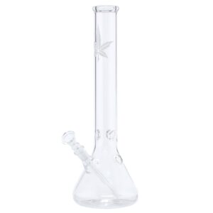 420Market.pl - Najlepsze waporyzatory i akcesoria dla palaczy 33 Bongo Leaf Beaker 35 cm — stożkowa podstawa, prosta rura z białym liściem konopi i wypustkami uchwytu na lód