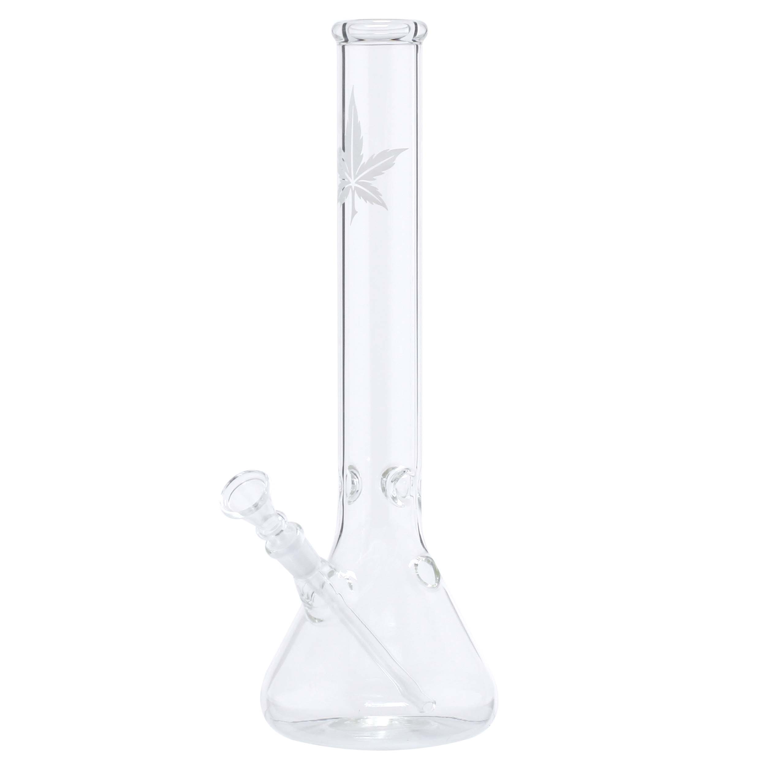 Bongo Leaf Beaker 35 cm – uchwyt na lód, szlif 14.5 mm 1 Bongo Leaf Beaker 35 cm — stożkowa podstawa, prosta rura z białym liściem konopi i wypustkami uchwytu na lód