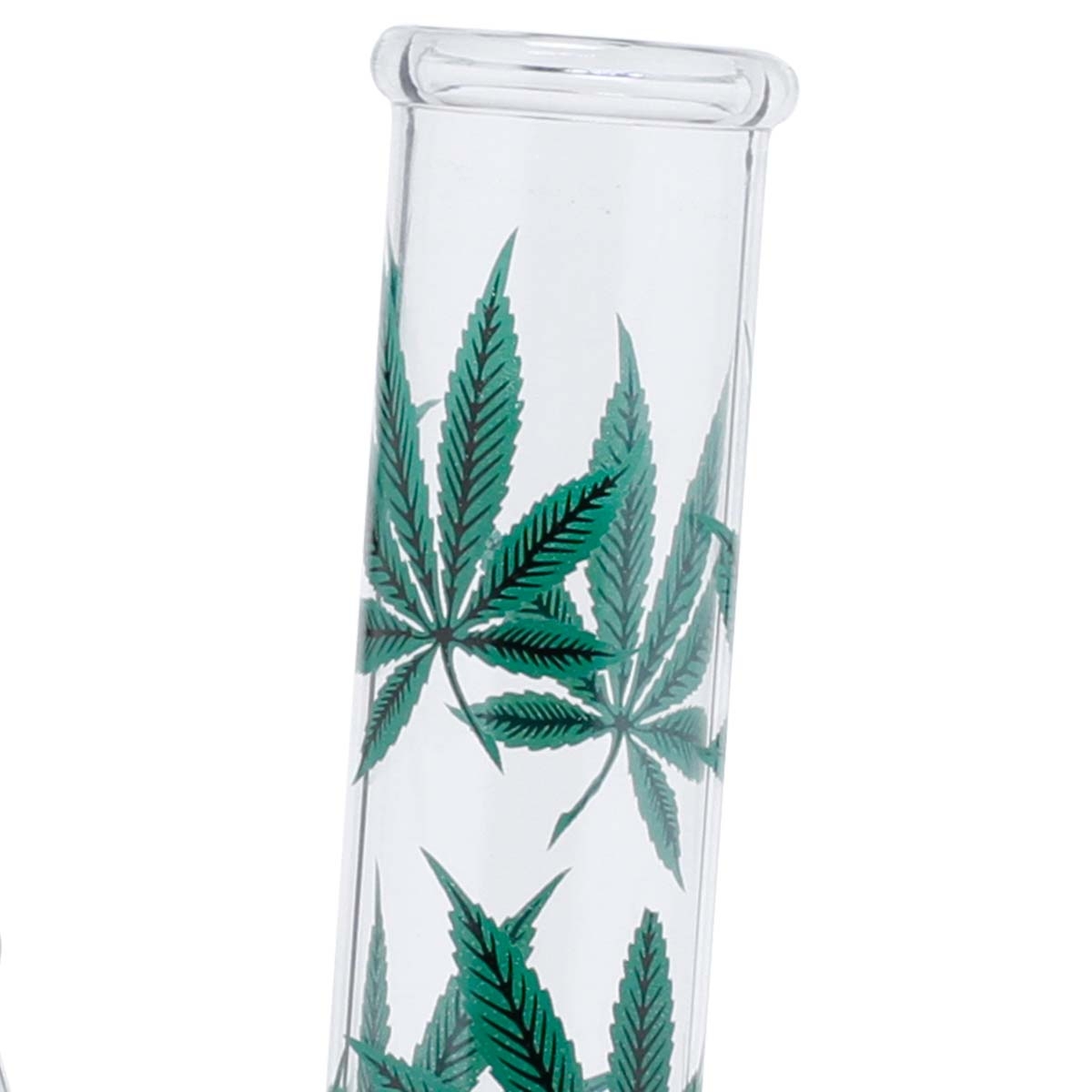 Bongo szklane Leaf Multi Leaf 22 cm – rura 36 mm i otwór turbo Zbliżenie na wywinięty kołnierz ustnika i nadruk liści konopi na rurze bonga Leaf 22 cm